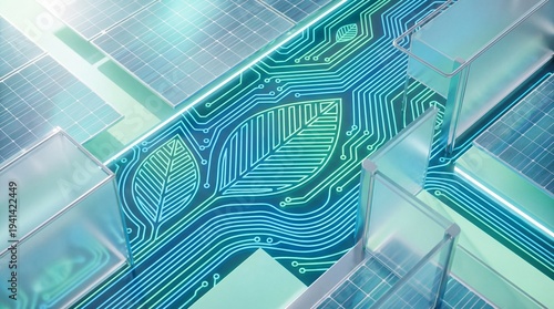 Abstract 3D Render of Green Technology Concept with Solar Panels and Circuit Board Leaves