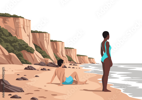 Couple relaxing on a sandy beach with cliffs in the background, vector illustration