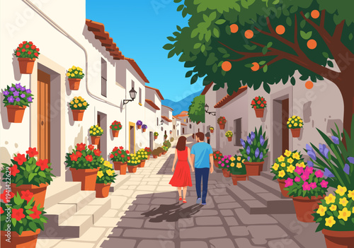 charming vector illustration of a couple walking down a sun-drenched street lined with potted flowers and trees