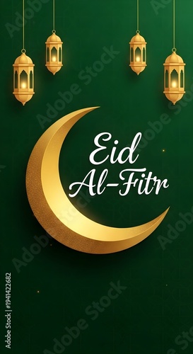 Celebration of eid al-fitr with traditional lanterns and crescent moon