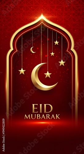 Celebratory eid mubarak design featuring crescent moon and stars in an archway