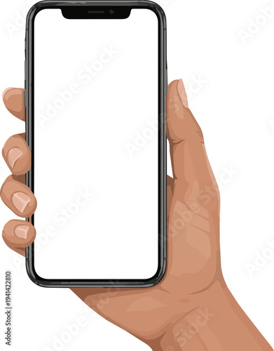 Create a realistic hand holding smartphone with blank white screen mockup for app presentation vector art with white background.