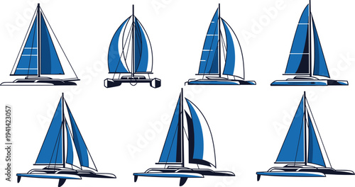 Vector illustration of stylized sailboats in blue, white, and black designs showing different hulls and sails for nautical artwork