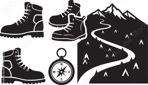 Hiking Boots and Compass for Mountain Adventure Travel