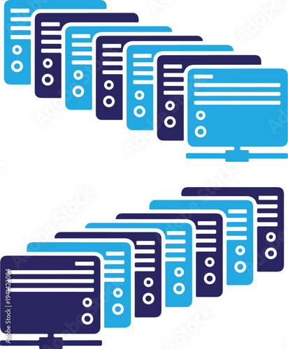 Silhouette of multiple computer monitors isolated on transparent background
