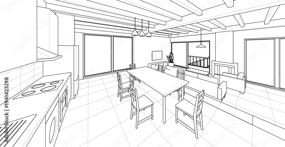 Fototapeta premium interior kitchen living room 3d illustration 
