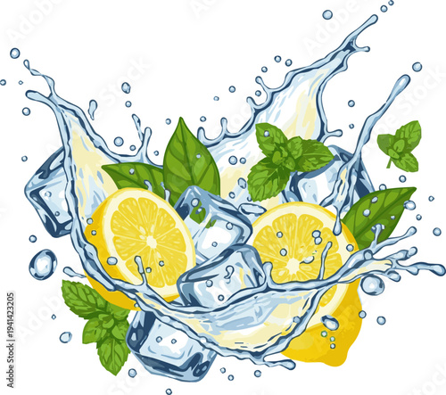 Create a realistic refreshing splash of fresh lemon juice, ice, water droplets, and fresh leaves vector art with white background.