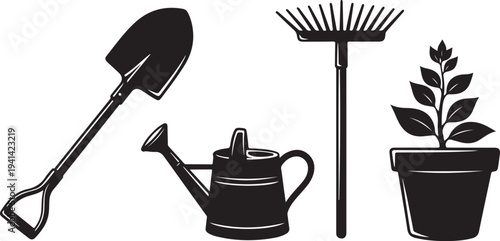 Gardening tools and plant in a simple black illustration