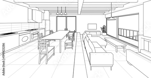  interior kitchen living room 3d illustration	
