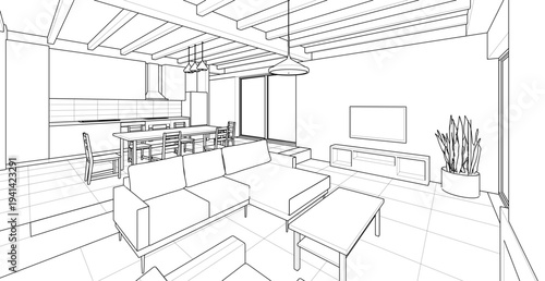 interior kitchen living room 3d illustration	

