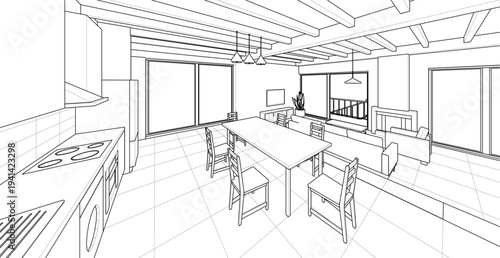  interior kitchen living room 3d illustration	
