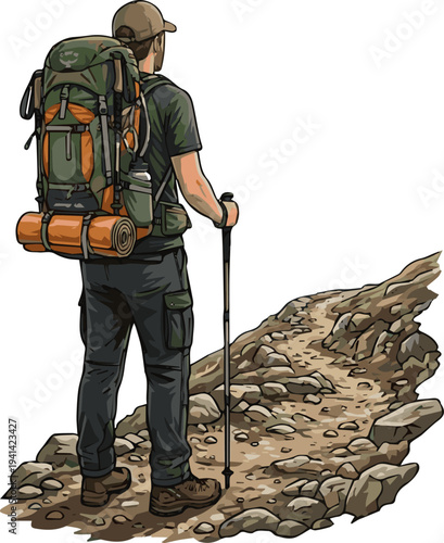 Create a realistic man wearing hiking clothes and a backpack for trekking or travel, standing back vector art with white background..