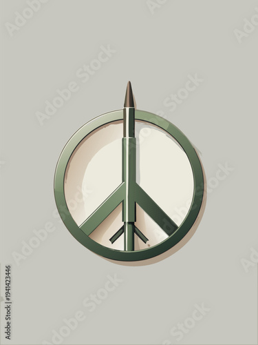 minimalist 3d peace symbol with missile silhouette in military green for nuclear disarmament and anti-war activist graphic design