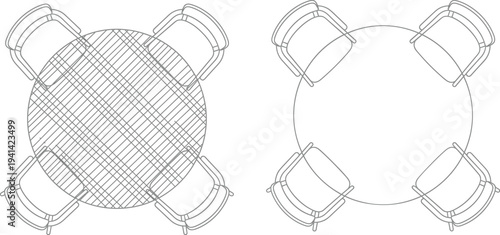 Round Table with Chairs Top View, Architectural Furniture Layout Plan for Dining Meeting or Restaurant Seating Arrangement Design