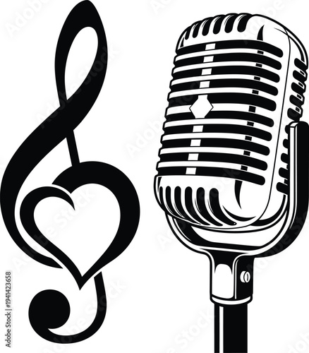 Vintage microphone with musical note and heart symbol in black and white