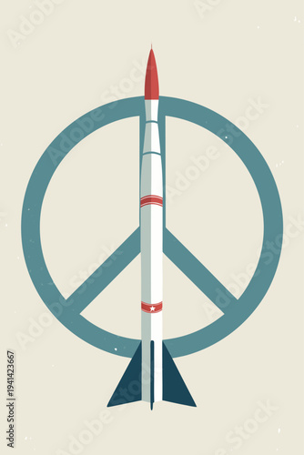 Illustration vector minimalist anti-war poster with missile silhouette over peace symbol for nuclear disarmament activism and global security graphic design