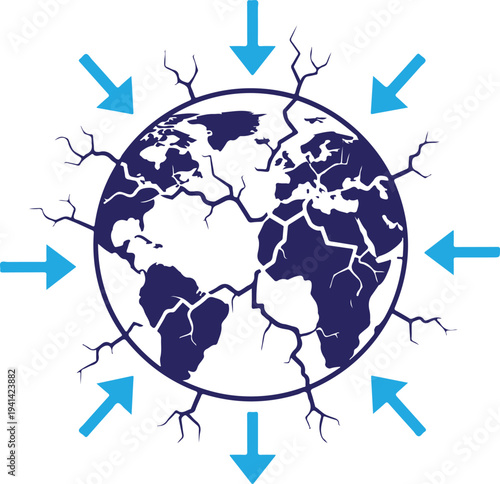 Earth silhouette with cracks and blue arrows on isolated on transparent background