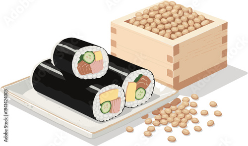 Create a realistic tranquil Japanese composition of ehomaki (sushi rolls) and lucky beans served in a masu box to celebrate Setsubun vector art with white background..