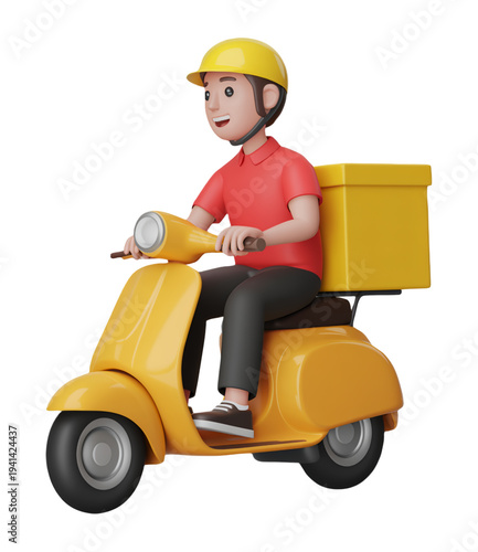 3D Courier Delivery Rider Driving Yellow Scooter with Package Box for Fast Shipping Service