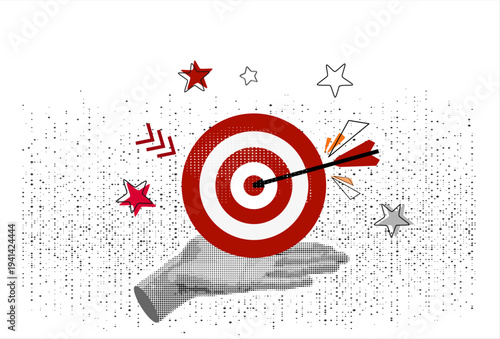 Halftone hands holding target with an arrow in the center. Modern collage. Successful business concept. Reach the goal. Darts in hand. Trendy newspaper cut out paper elements	