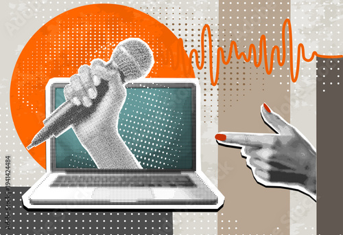Cover for podcast. Laptop  with hand holding collage microphone, drawn elements in halftone background. Vector Collage in trendy retro style with flat illustration. Paper cut-out	