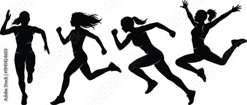 Women running silhouettes set, female athletes sprinting and jumping poses, fitness training and active lifestyle concept vector illustration