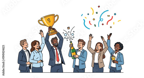Set of 6 people celebrating with trophy and champagne vector