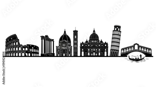 Italy Landmark Vector Silhouette Icon Set Featuring Colosseum, Leaning Tower of Pisa, Florence Cathedral, St. Peter’s Basilica, and Venetian Bridge with Gondola for Travel and Design Use