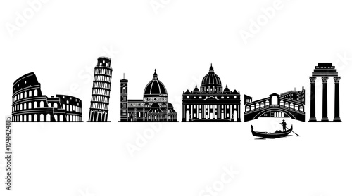 Italy Landmark Vector Silhouette Icon Set Featuring Colosseum, Leaning Tower of Pisa, Florence Cathedral, St. Peter’s Basilica, and Venetian Bridge with Gondola for Travel and Design Use