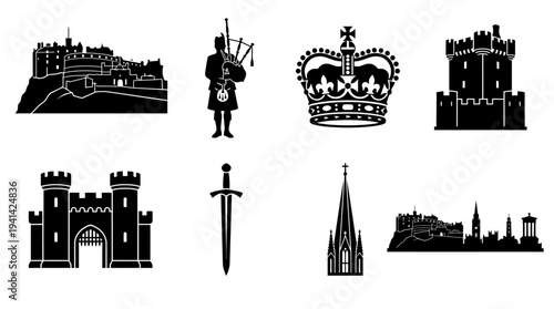 Scotland Landmark Vector Silhouette Icon Set Featuring Edinburgh Castle, Bagpipes, Royal Crown, Medieval Castle, Fortified Gate, Sword, Church Steeple, and City Skyline for Culture and Design Use