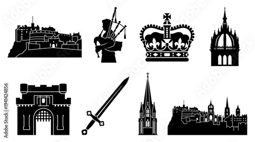 Scotland Landmark Vector Silhouette Icon Set Featuring Edinburgh Castle, Bagpipes, Royal Crown, Medieval Castle, Fortified Gate, Sword, Church Steeple, and City Skyline for Culture and Design Use