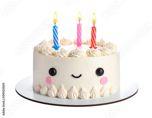 Happy birthday cake cute dessert with smiling candles adorable bakery mascot for celebration sticker transparent background