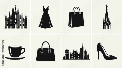 Scotland Landmark Vector Silhouette Icon Set Featuring Edinburgh Castle, Bagpipes, Royal Crown, Medieval Castle, Fortified Gate, Sword, Church Steeple, and City Skyline for Culture and Design Use