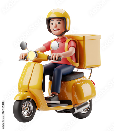 3D Courier Delivery Rider on Yellow Scooter with Package Box for Fast Shipping Concept