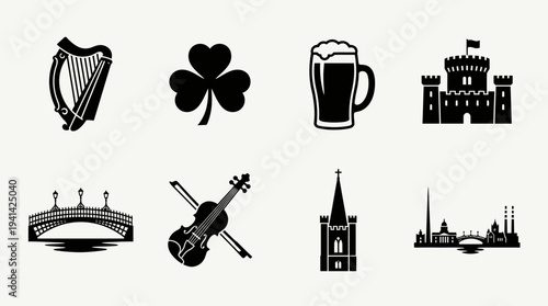 Ireland Landmark Vector Silhouette Icon Set Featuring Harp, Shamrock, Pint of Beer, Castle, Bridge, Violin, Cathedral, and Dublin Skyline for Culture and Graphic Design Use