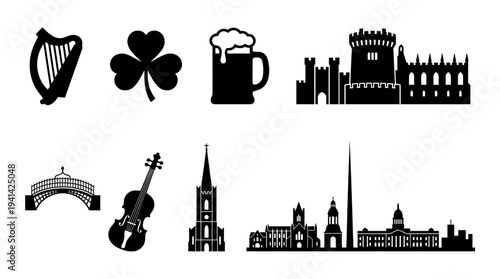 Ireland Landmark Vector Silhouette Icon Set Featuring Harp, Shamrock, Pint of Beer, Castle, Bridge, Violin, Cathedral, and Dublin Skyline for Culture and Graphic Design Use
