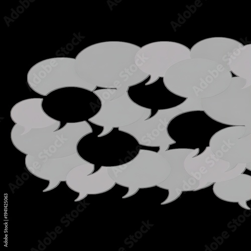 A collection of grey and white speech bubbles on a black background