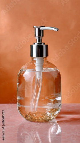 A stylish liquid hand soap bottle with a transparent design on a pastel peach backdrop, combining modern aesthetics and functionality