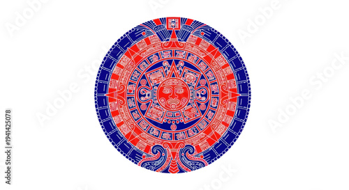 Aztec Sun Stone Calendar Symbol, Ancient Mesoamerican Art, Red Blue White