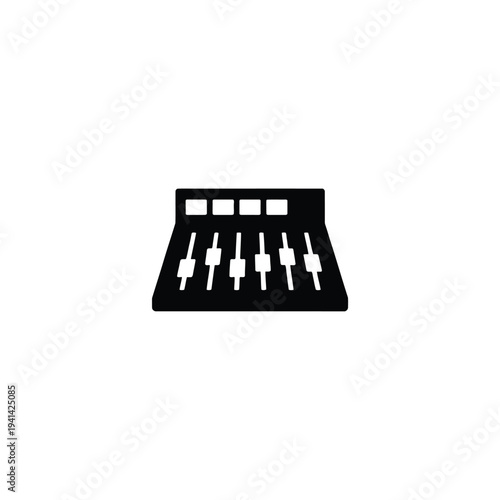 Solid fill of a black studio mixing console with five sliders and buttons white