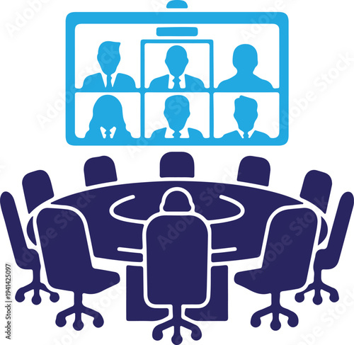 Silhouette of business team meeting with remote participants on screen isolated on transparent background