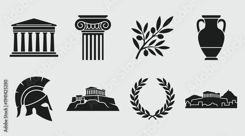 Ancient Greece Landmark Vector Silhouette Icon Set Featuring Parthenon, Column, Olive Branch, Amphora Vase, Helmet, Acropolis Hill, Laurel Wreath, and Athens Skyline for Culture and Design Use