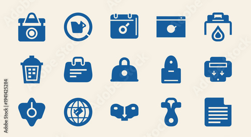 Collection of blue icons representing various digital and physical objects.