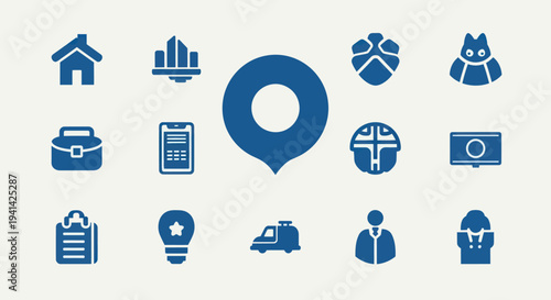 Collection of blue icons representing various concepts and objects.