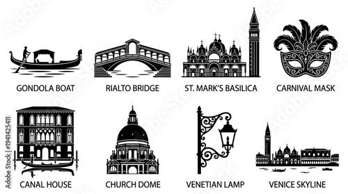 Venice Landmark Vector Silhouette Icon Set Featuring Gondola, Rialto Bridge, St. Mark’s Basilica, Carnival Mask, Canal Scene, Santa Maria Dome, Lamp, and Skyline for Travel and Design Use