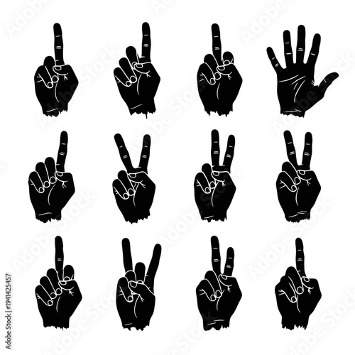 Collection of diverse human hand gestures in black silhouette on white background.