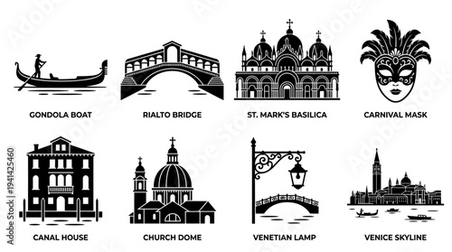 Venice Landmark Vector Silhouette Icon Set Featuring Gondola, Rialto Bridge, St. Mark’s Basilica, Carnival Mask, Canal Scene, Santa Maria Dome, Lamp, and Skyline for Travel and Design Use