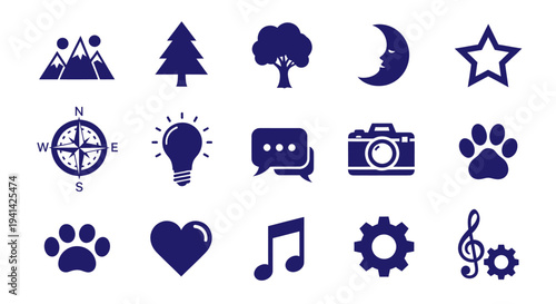 Collection of diverse vector icons representing nature, technology, and everyday objects.