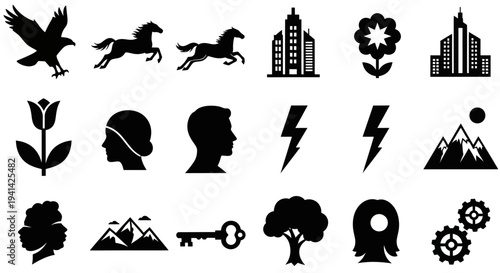 Collection of diverse silhouette icons representing various concepts and objects.