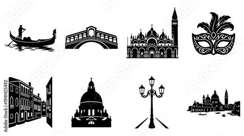 Venice Landmark Vector Silhouette Icon Set Featuring Gondola, Rialto Bridge, St. Mark’s Basilica, Carnival Mask, Canal Scene, Santa Maria Dome, Lamp, and Skyline for Travel and Design Use